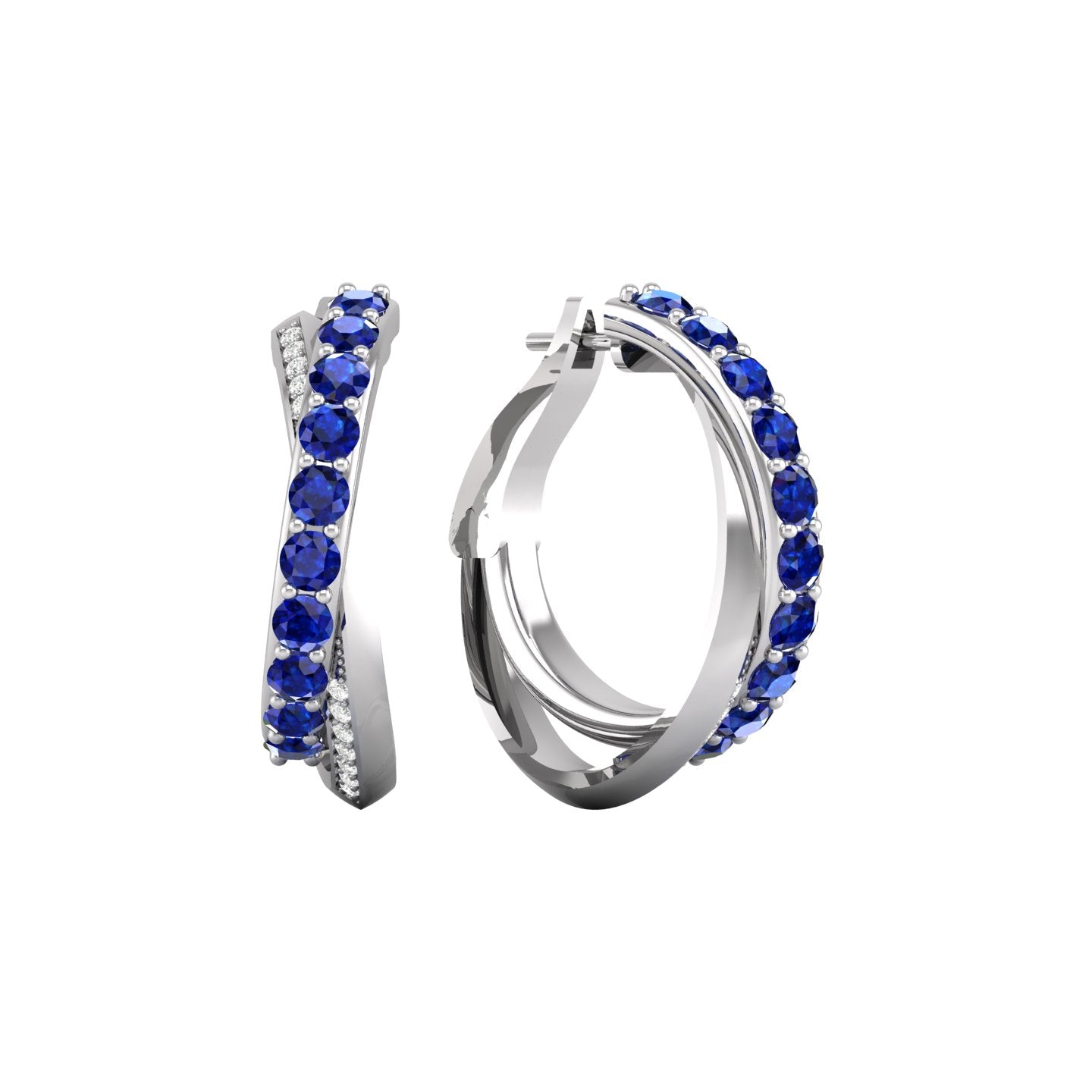 Blue Sapphire and Diamond Crossover Hoop Earrings