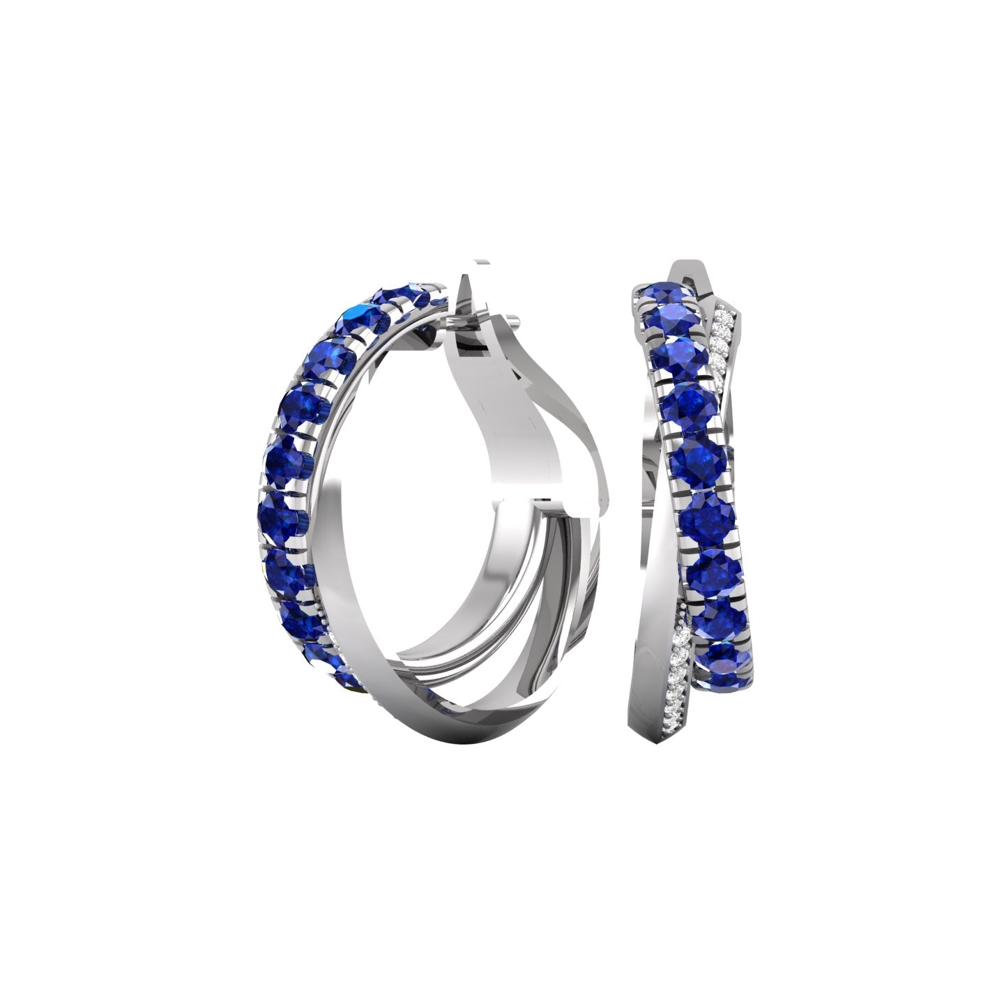 Blue Sapphire and Diamond Crossover Hoop Earrings