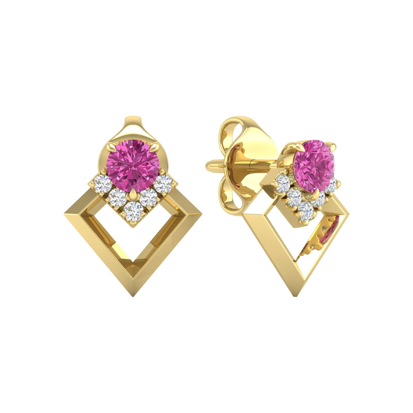 Pink Sapphire and Diamond Geometric Stud Earrings