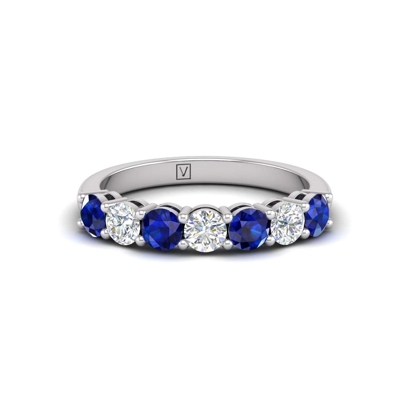 Blue Sapphire and Diamond Alternating Half Eternity Band