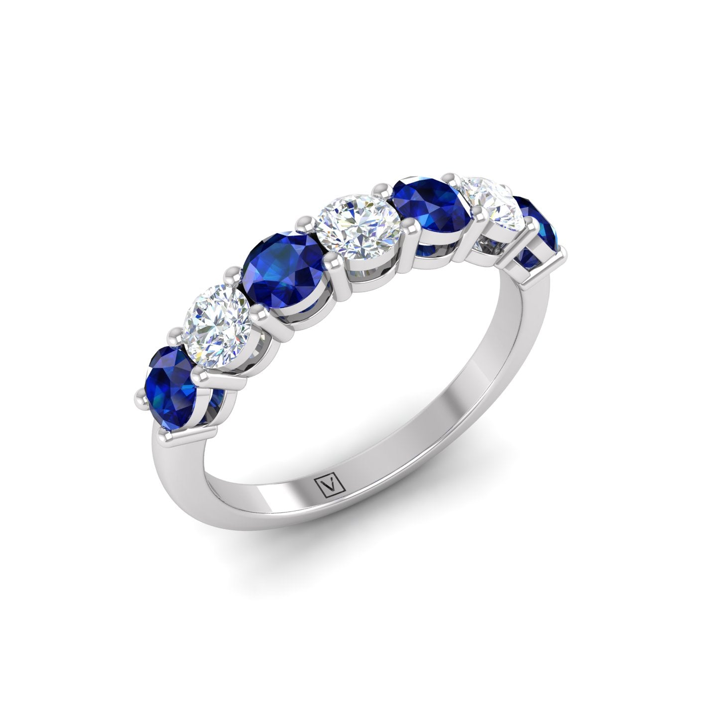 Blue Sapphire and Diamond Alternating Half Eternity Band