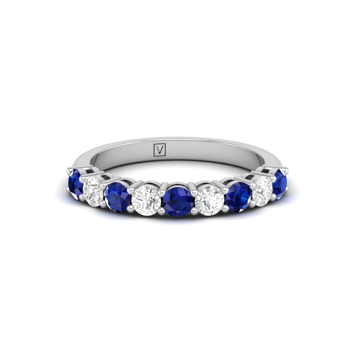 Blue Sapphire and Diamond Alternating Half Eternity Band