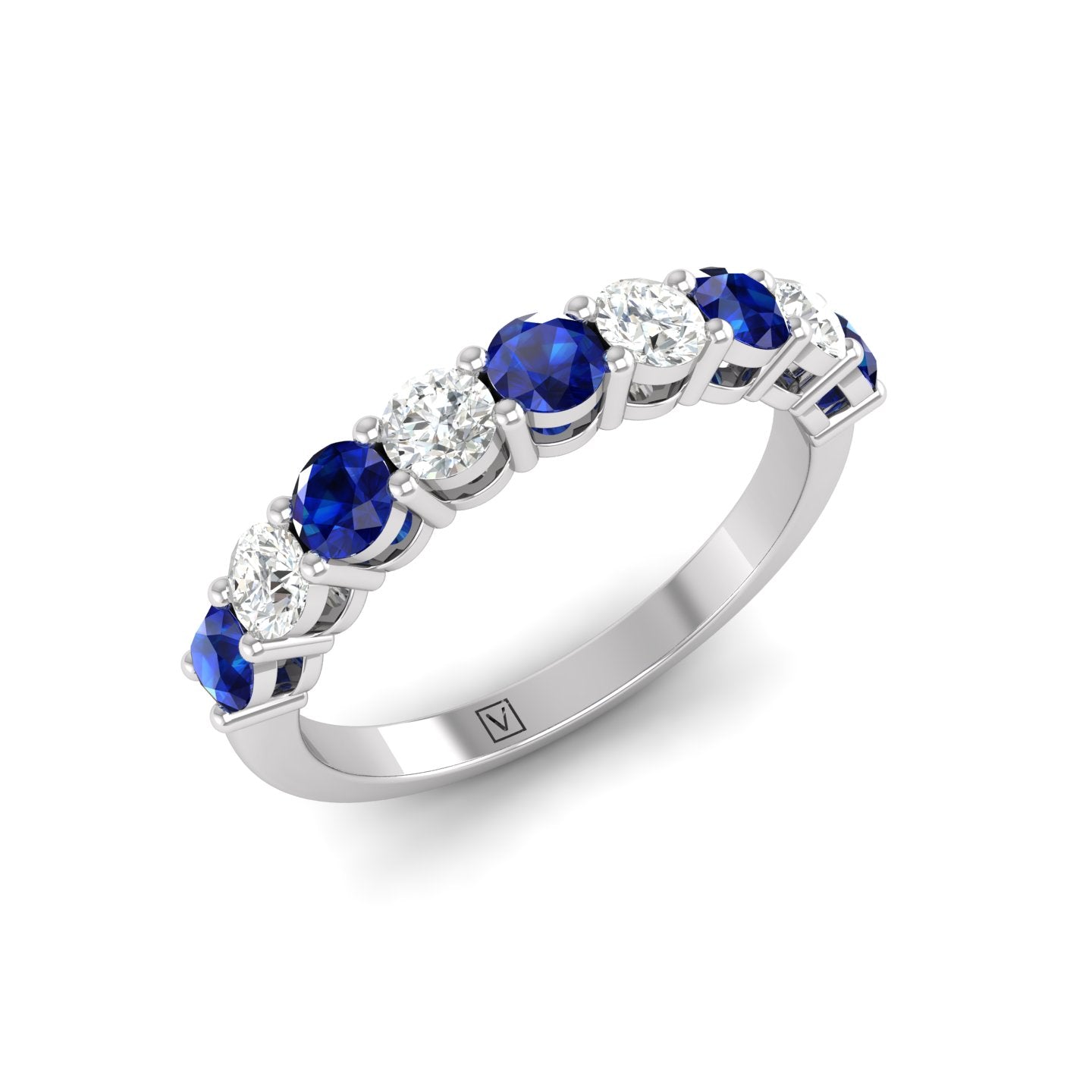 Blue Sapphire and Diamond Alternating Half Eternity Band