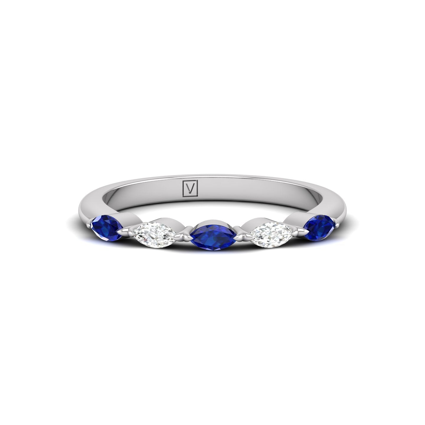 Blue Sapphire and Diamond Alternating Half Eternity Band