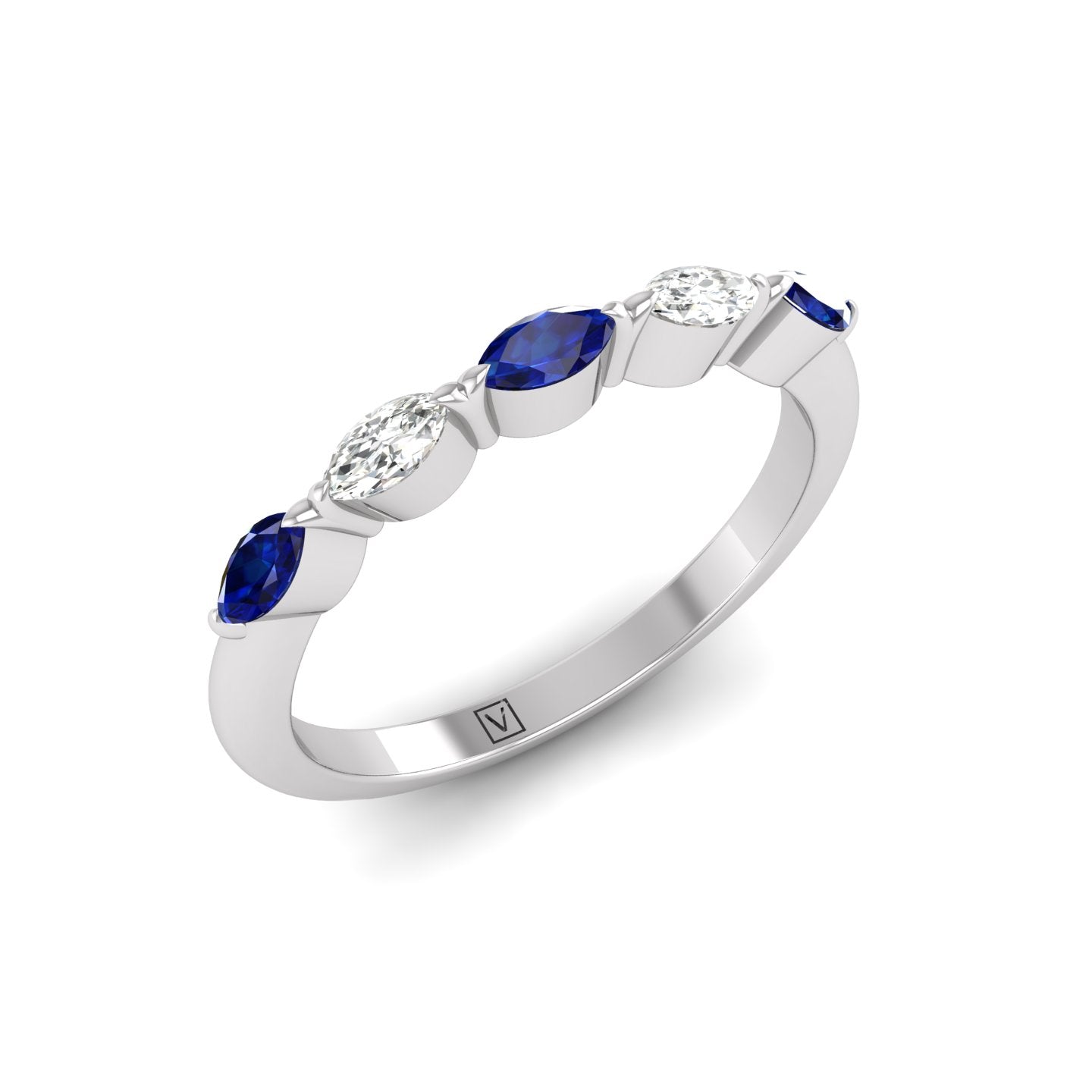 Blue Sapphire and Diamond Alternating Half Eternity Band