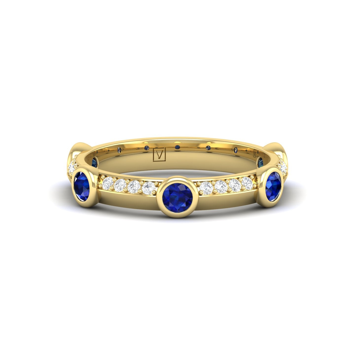 Blue Sapphire and Diamond Bezel Band