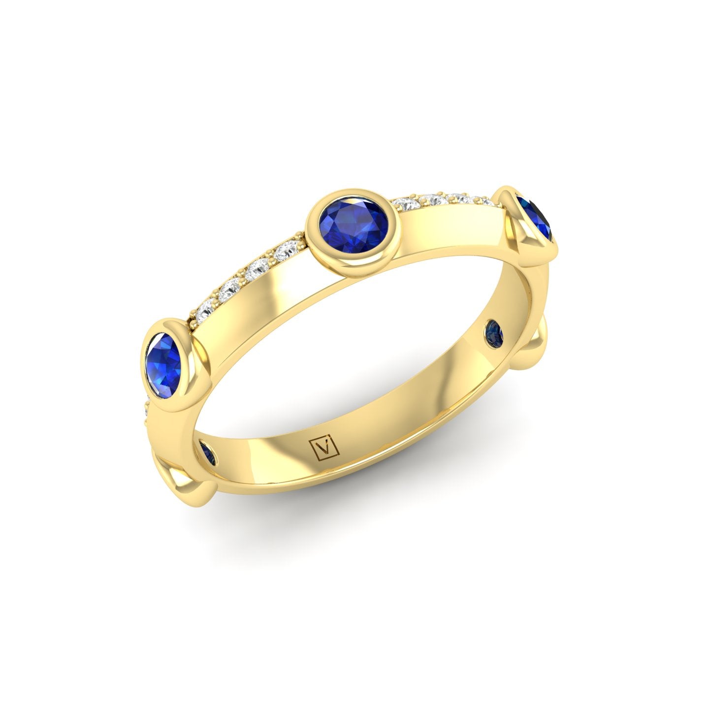 Blue Sapphire and Diamond Bezel Band