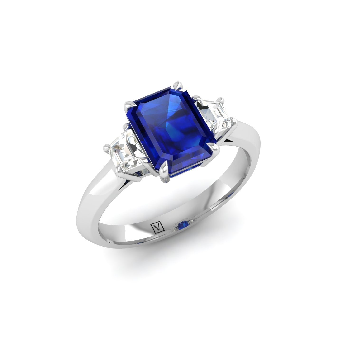 Blue Sapphire and Diamond Three Stone Ring